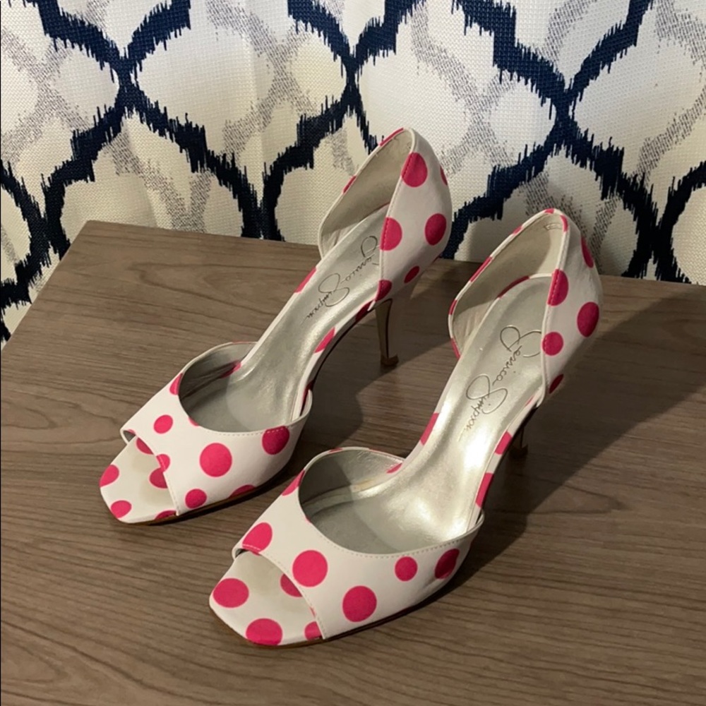 Pink and white polka dot heels